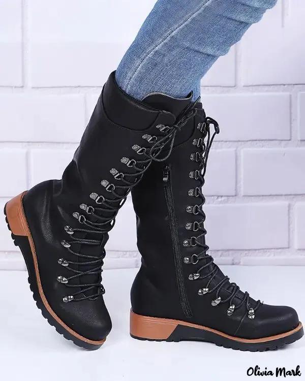 Olivia Mark – Side Zipper Lace Up Combat Boots Product Image