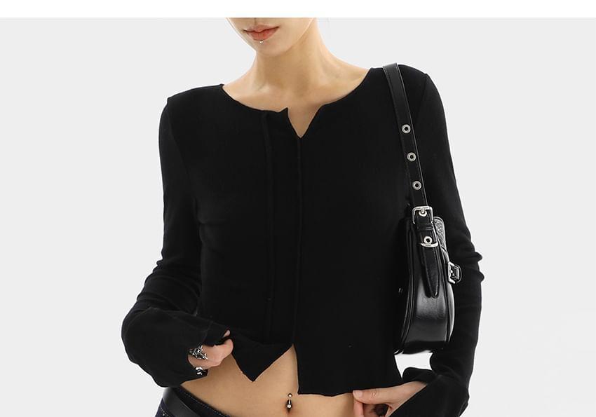 Long Sleeve Notch Neck Plain Slit Crop Top Product Image