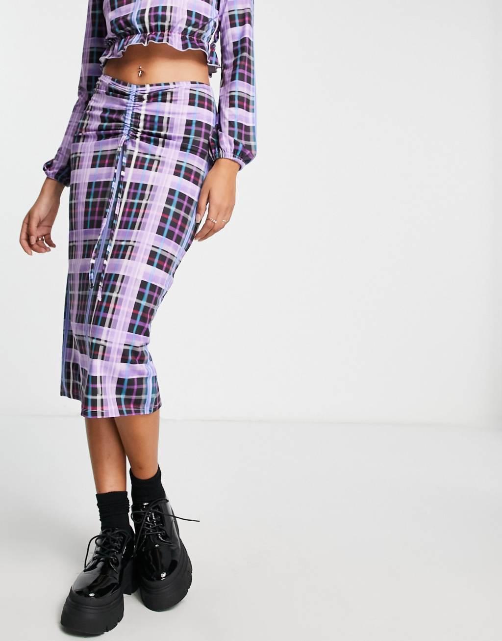 Only Exclusive ruched detail midi skirt in purple check - part of a set Product Image