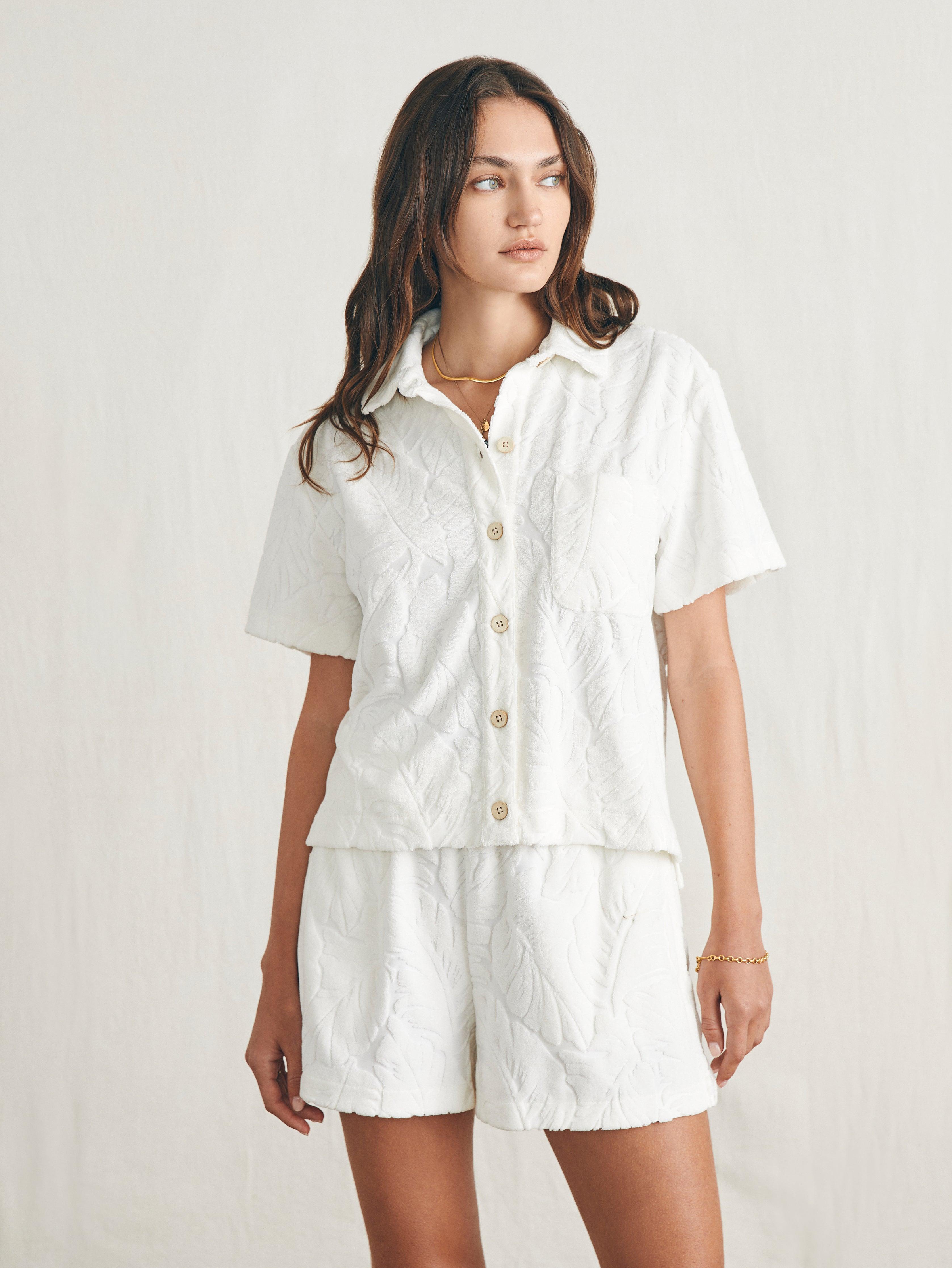 Cabana Towel Terry Short Sleeve Button Up - Tropic Fern Vintage White Female Product Image