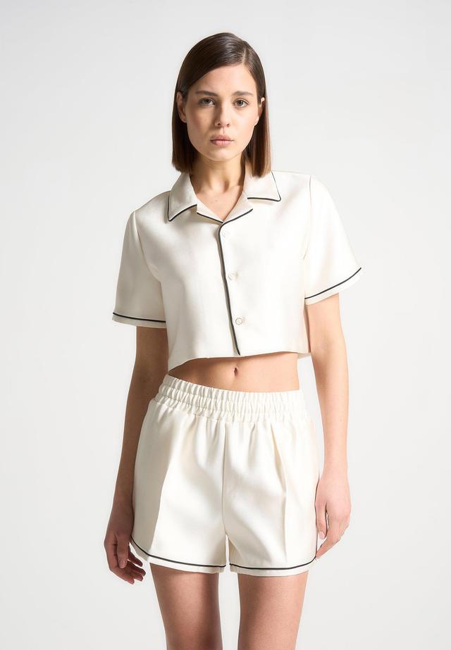 Satin Cropped Shirt with Piping - Cream Female Product Image