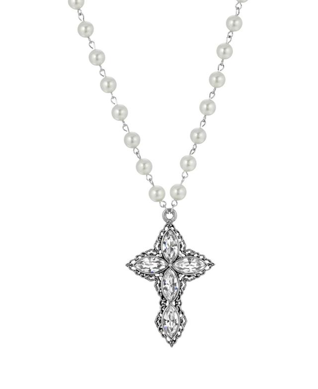 1928 Silver Tone Crystal Diamond Shaped Stones Cross Simulated Pearl Necklace, Womens, Grey Product Image