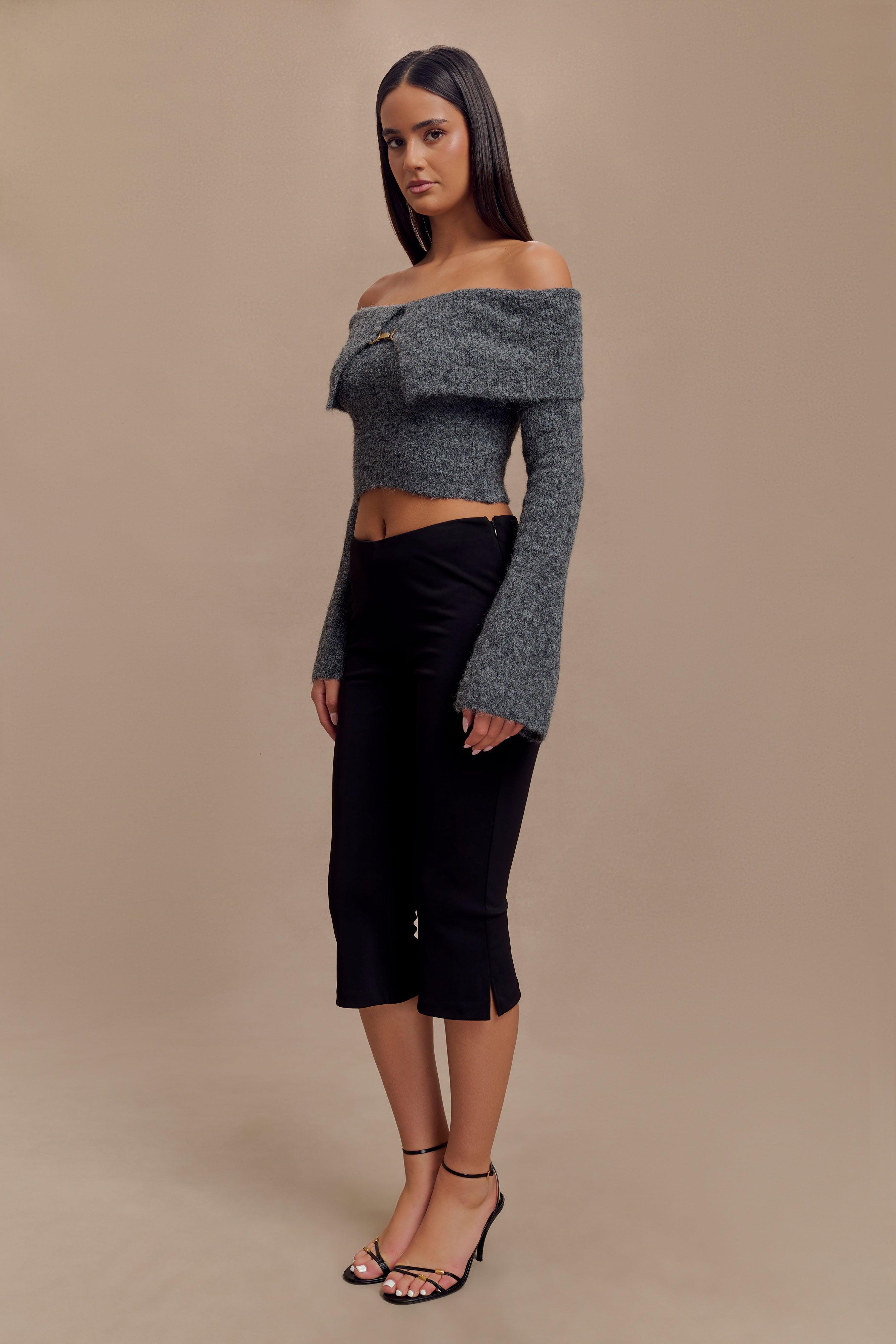 Baxter Off Shoulder Fluffy Knit Top - Charcoal Product Image