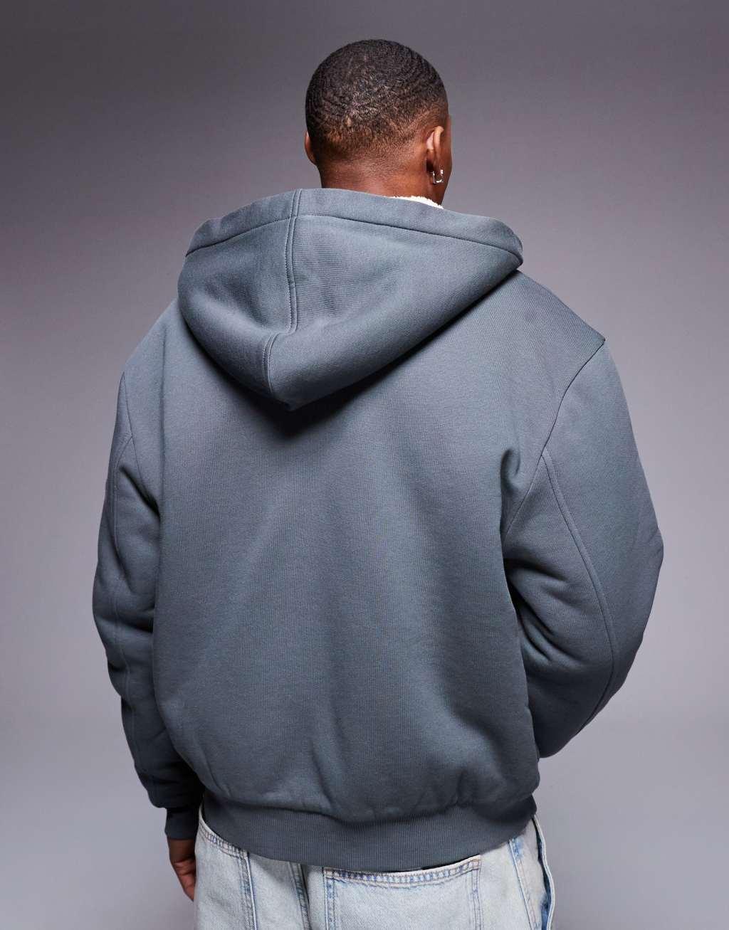 ASOS DESIGN oversized boxy hoodie with seam detail and contrast borg lining in gray Product Image