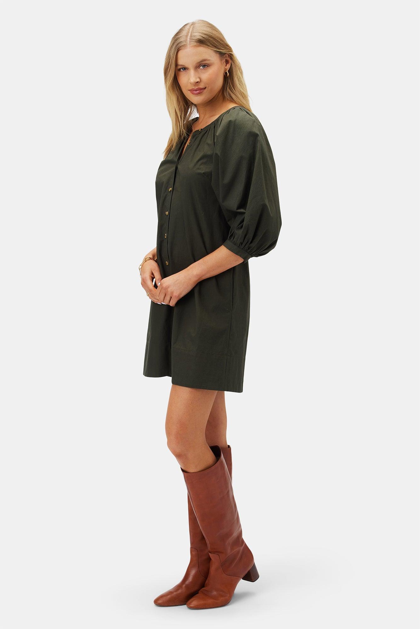 Esther Organic Cotton Poplin Dress - Olive Green Product Image