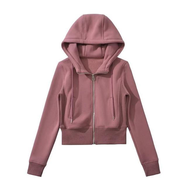 Drawstring Plain Crop Zip Hoodie Product Image