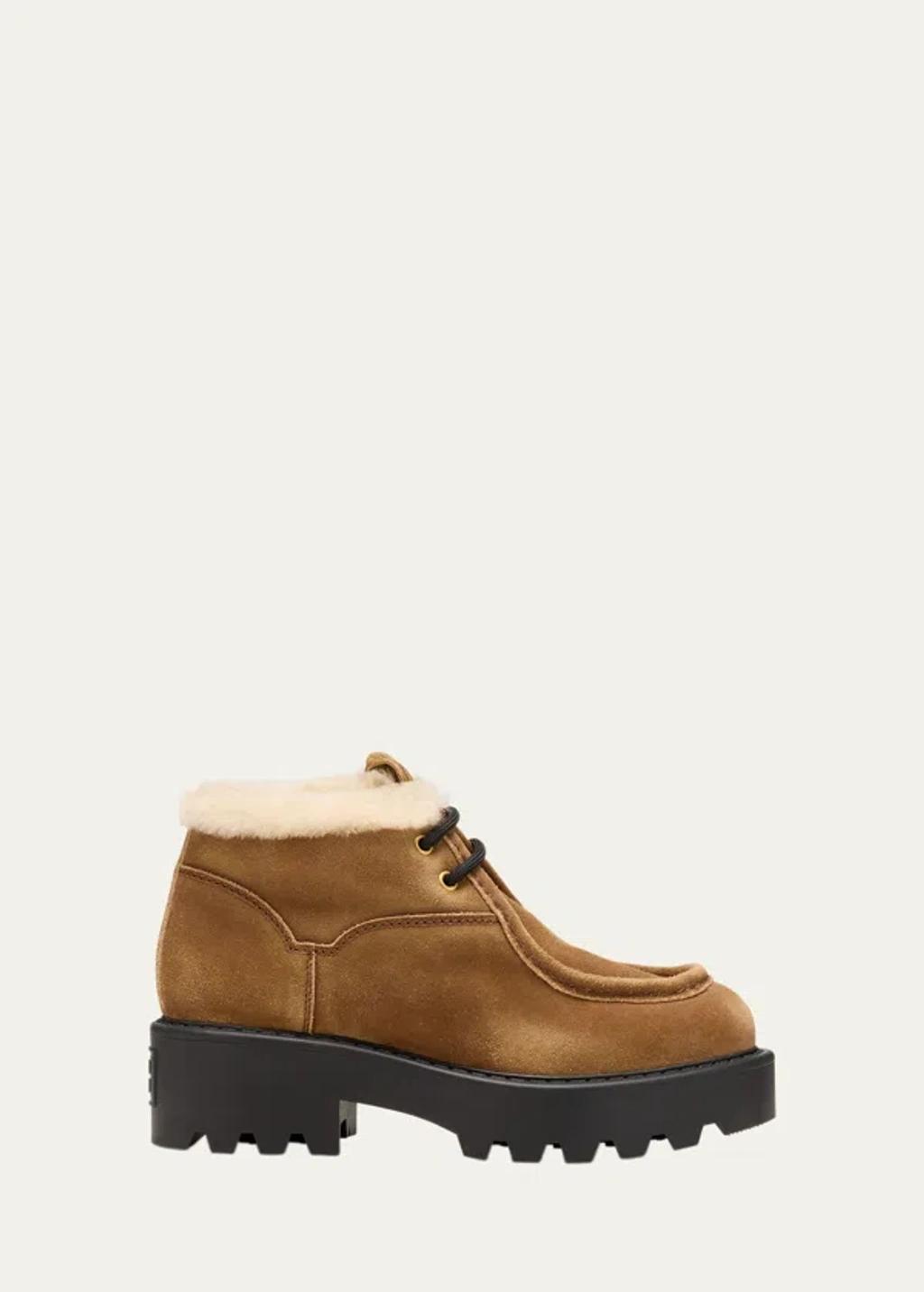 MIU MIU Suede Shearling Lace-up Chukka Booties In Cinnamon product image