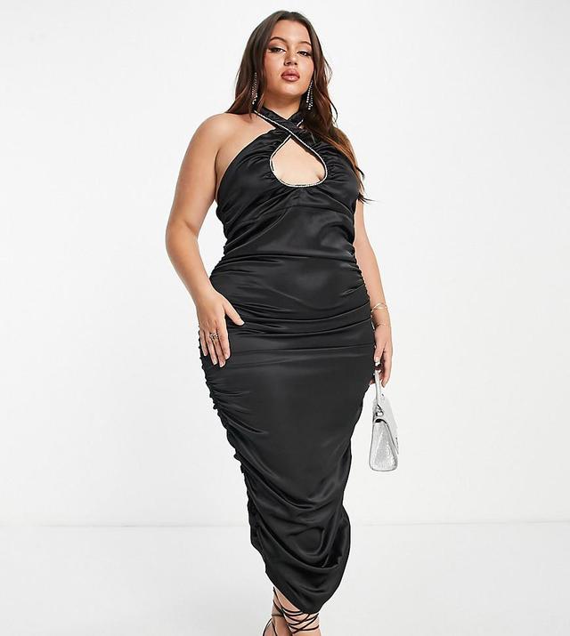 Simmi Plus ruched halterneck midi dress in black Product Image