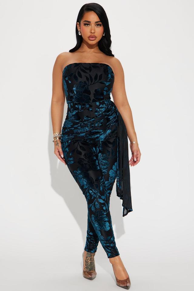 Laying High Velvet Jumpsuit - Teal Product Image