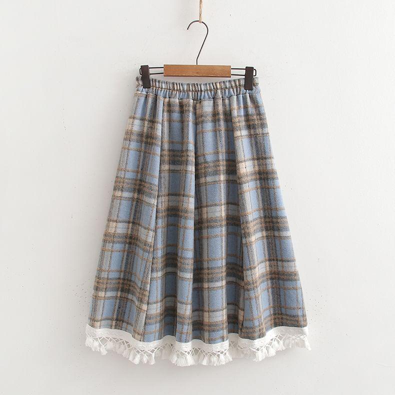 High Waist Plaid Midi A-Line Skirt Product Image