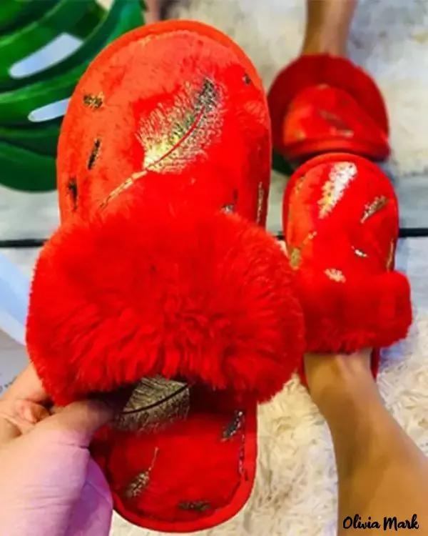 Olivia Mark – Winter lined slippers with fuzzy border embroidered with feathers Product Image