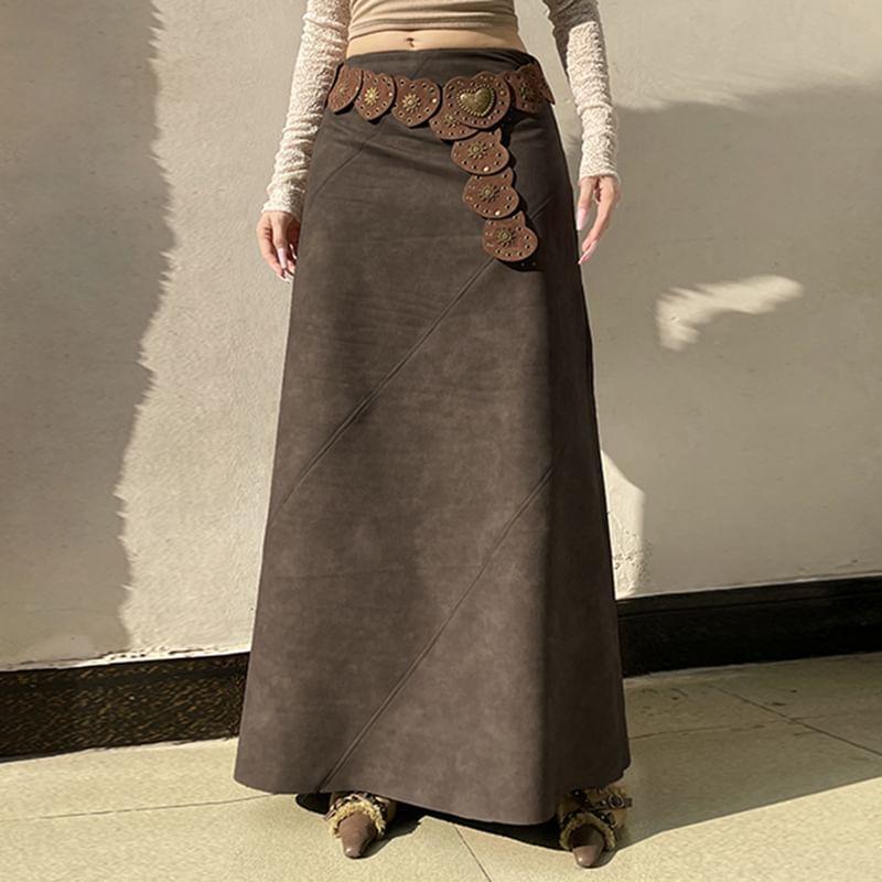 High Waist Faux Leather Maxi A-Line Skirt Product Image