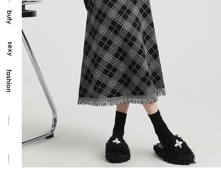 High Waist Plaid Midi A-Line Skirt Product Image