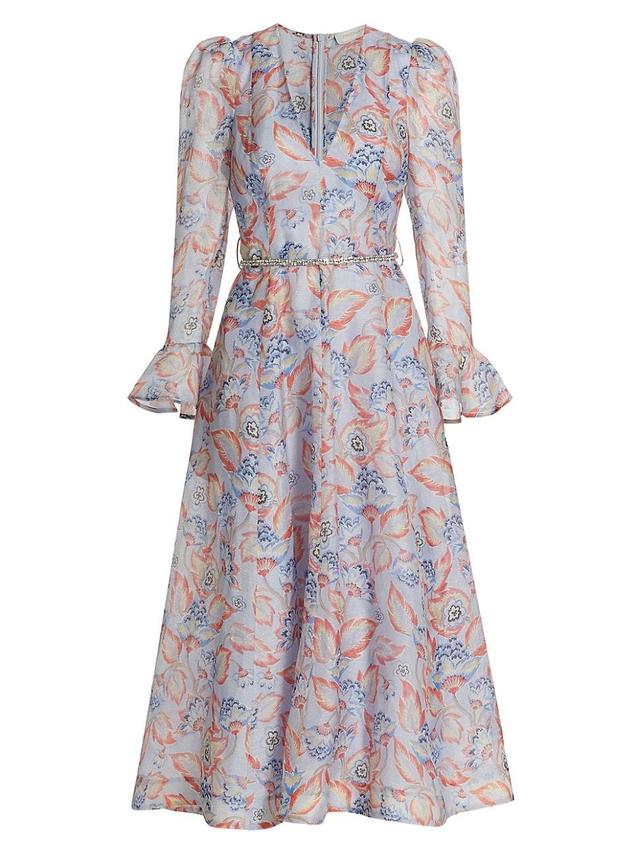 Womens Eden Floral Linen & Silk Belted Midi-Dress Product Image