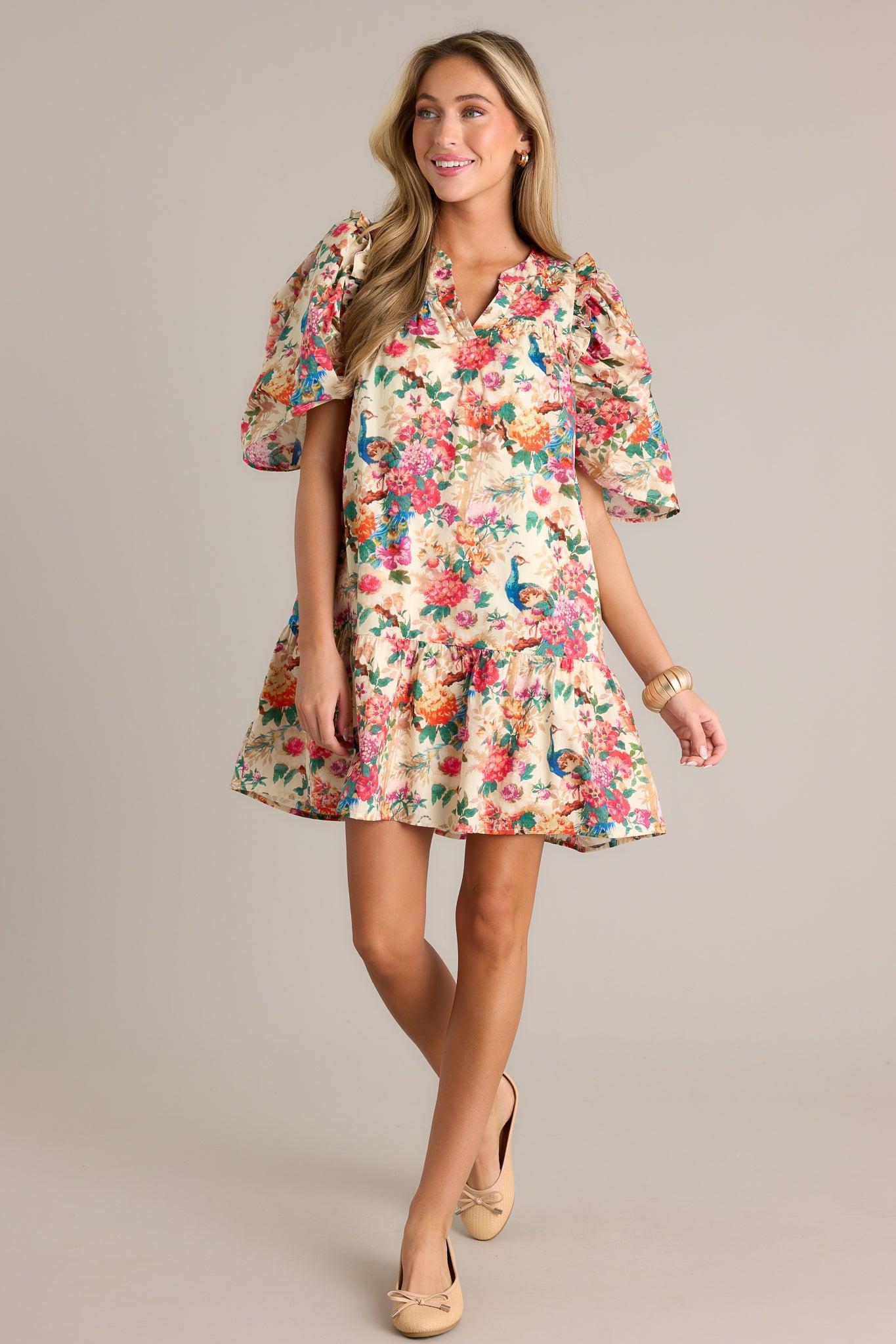 Butterfly Bliss 100% Cotton Ivory Floral Print Dress Product Image