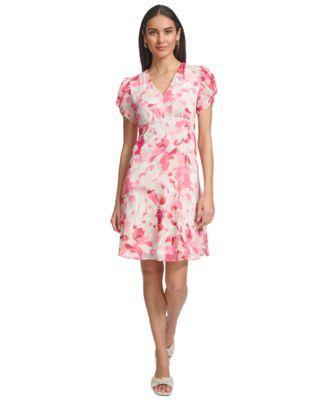 Petite Printed V-Neck Short-Sleeve A-Line Dress Product Image