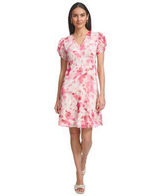 Women's Printed V-Neck Short-Sleeve A-Line Dress Product Image