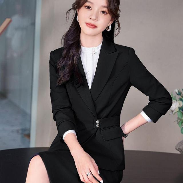 Peak Lapel Plain Single-Breasted Blazer / Long-Sleeve Bow Shirt / High Waist Pencil Skirt / Straight Leg Slacks Product Image