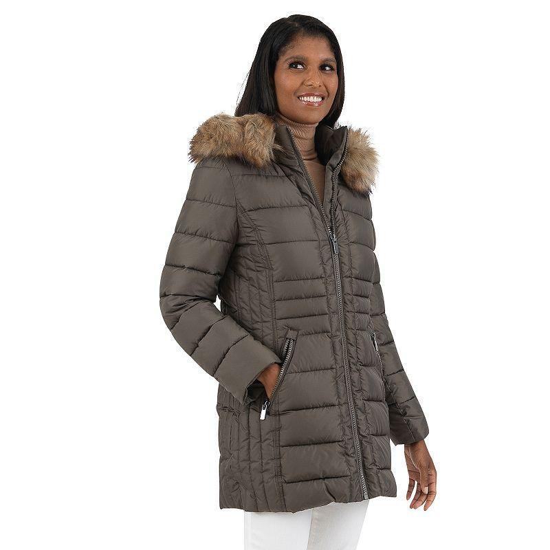 Womens Fleet Street Faux Fur Trimmed Hooded Puffer Coat Green Product Image