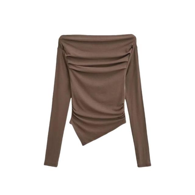 Long Sleeve Off Shoulder Plain Ruched Asymmetrical Top Product Image