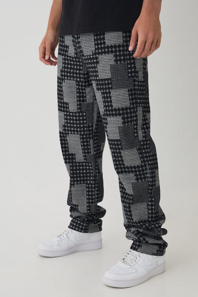 Relaxed Fit Checkerboard Jacquard Turn Up Hem Jeans | boohooMAN USA Product Image