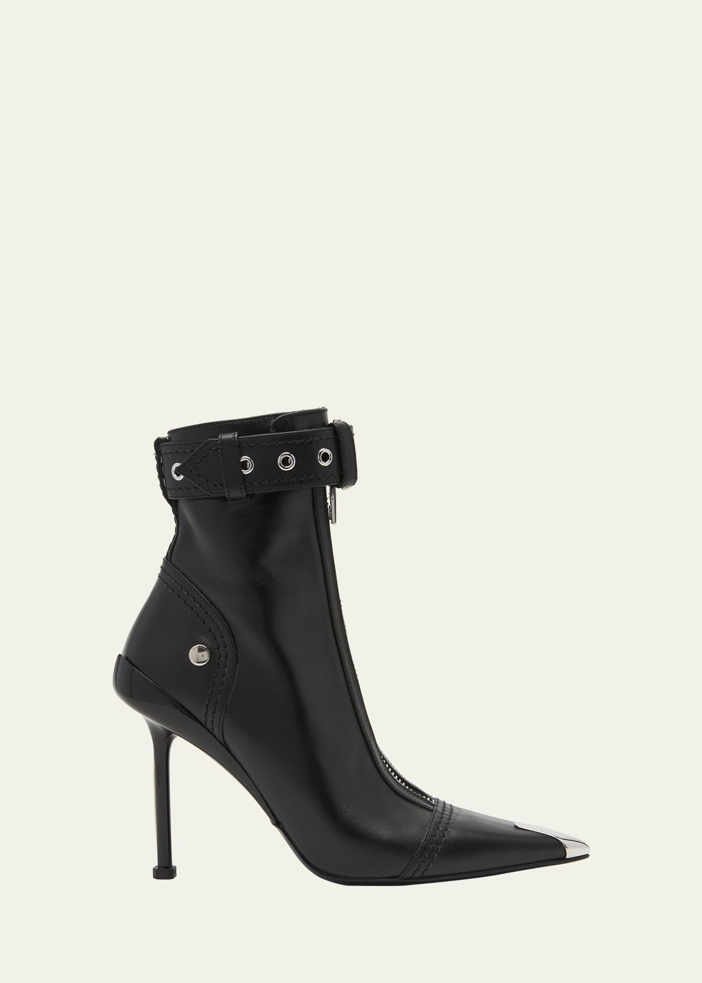 Leather Buckle-Cuff Stiletto Moto Booties Product Image