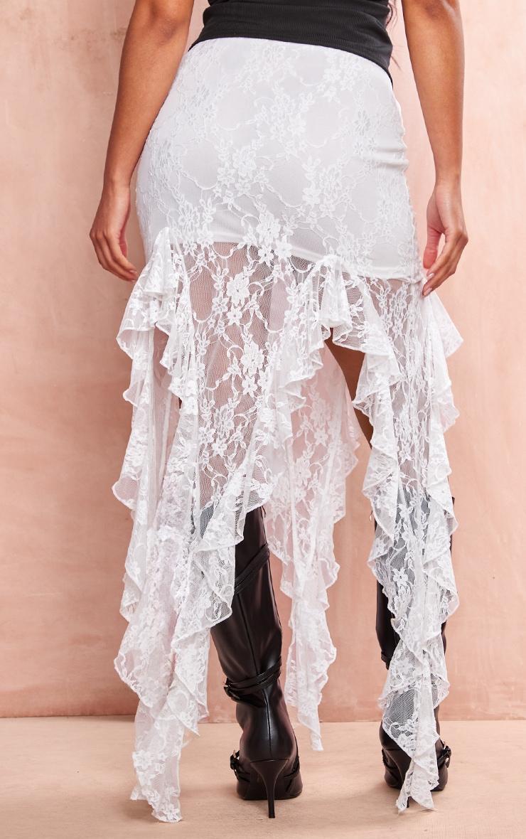 Cream Lace Asymmetric Hem Ruffle Detailed Midaxi Skirt Product Image