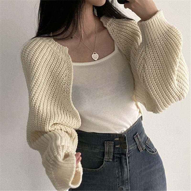 Plain Chunky Knit Open Front Crop Cardigan Product Image