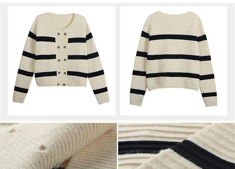 Crew Neck Striped Double-Breasted Crop Cardigan Product Image