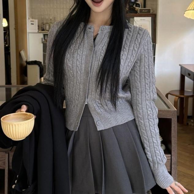 Crewneck Zip-Up Plain Crop Cardigan Product Image