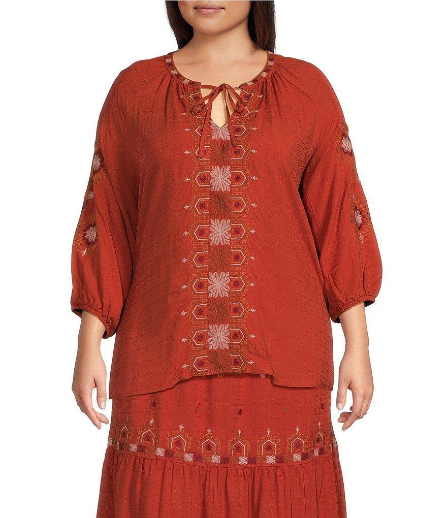 Nurture by Westbound Plus Size Embroidered 3/4 Sleeve Coordinating Peasant Top Product Image