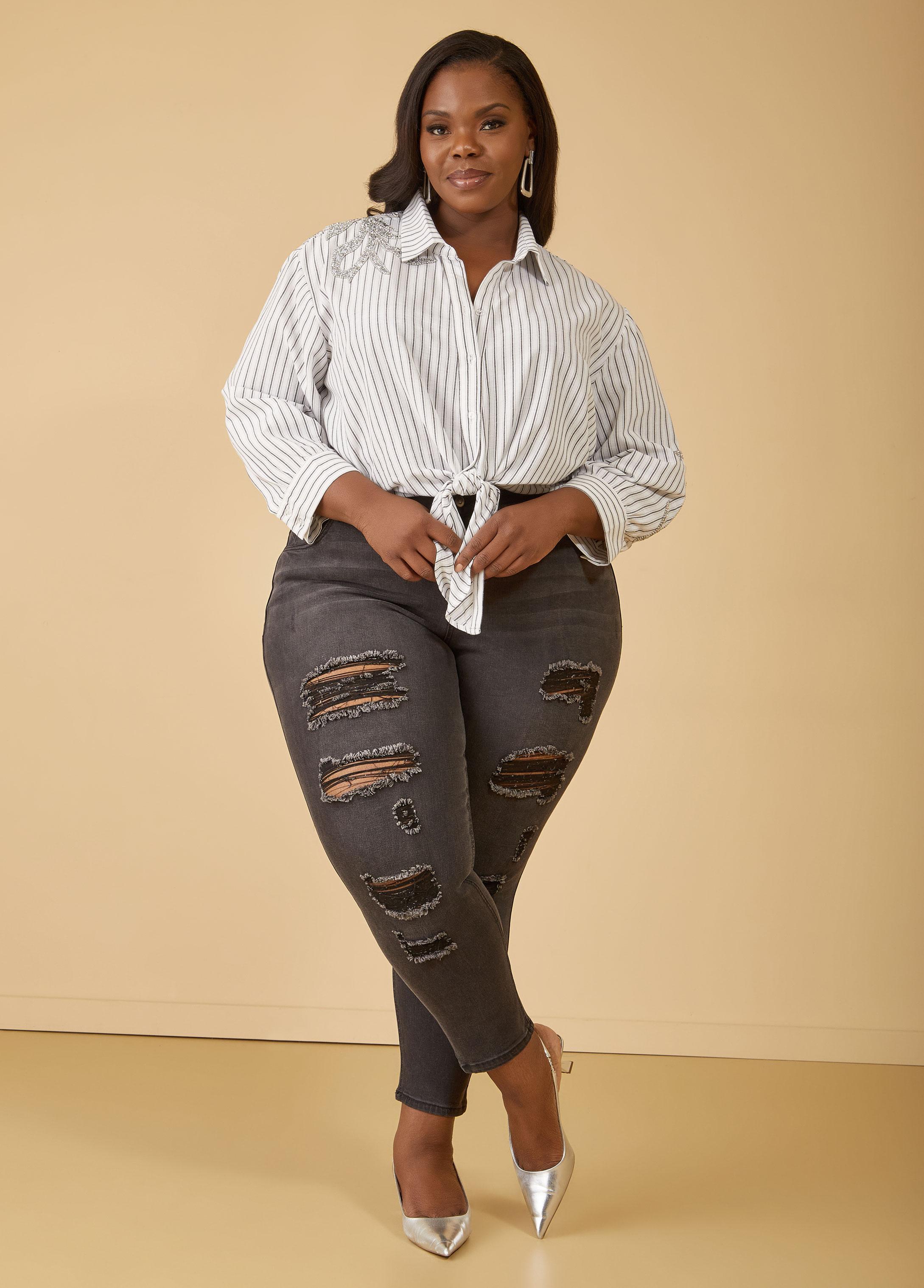 Plus Size Crystal Embellished Striped Shirt Ashley Stewart Product Image