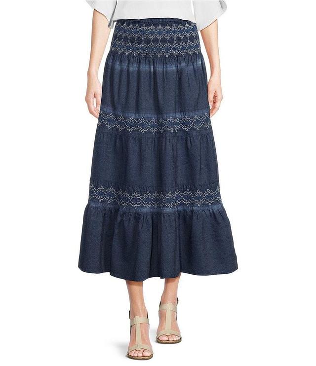 Calessa Tiered Denim Midi Skirt Product Image