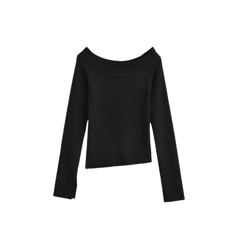 Long Sleeve Boat Neck Plain Asymmetrical Knit Top Product Image