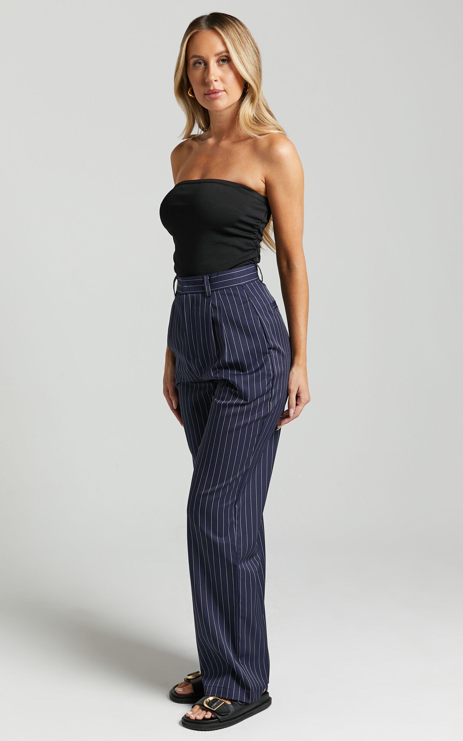 Iyah Pants - High Waisted Tailored Pants in Navy Pinstripe Product Image