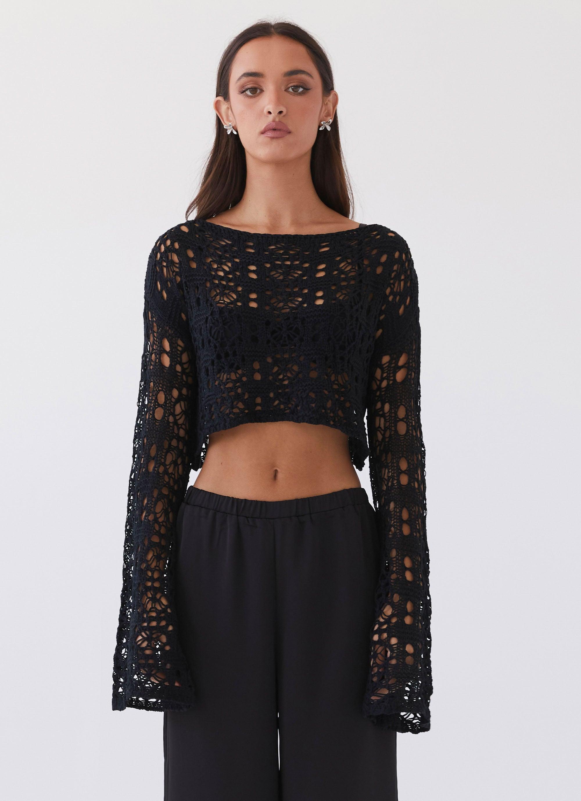 Free Mind Crochet Long Sleeve Top - Black Product Image