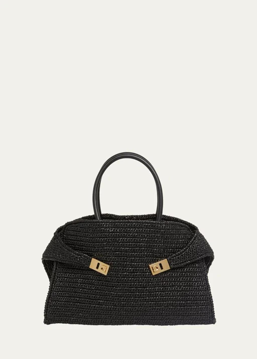 Medium The Hug Raffia Tote Bag In Black Product Image