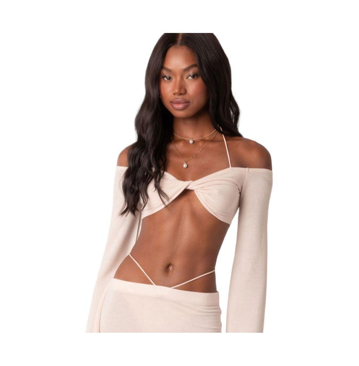 Womens Off Shoulder Halter Strap Twist Crop Top Product Image