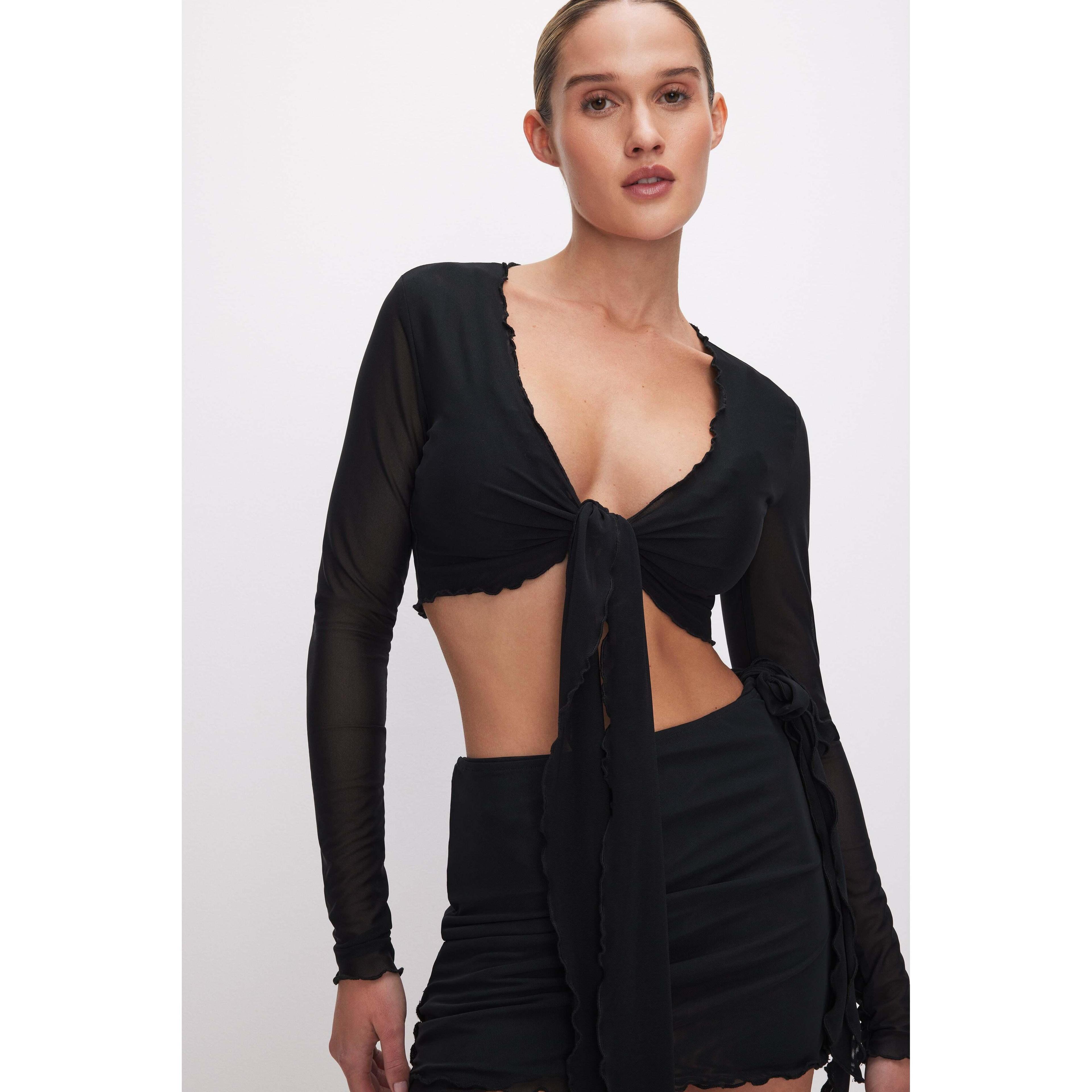 Womens Mesh Tie Up Top | Black, Size Medium | Good American by Khlo Kardashian Product Image