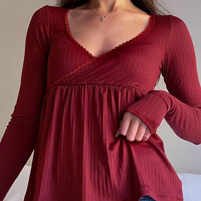 Long Sleeve V-Neck Lace-Trim Plain Loose-Fit Ribbed-Knit Top Product Image