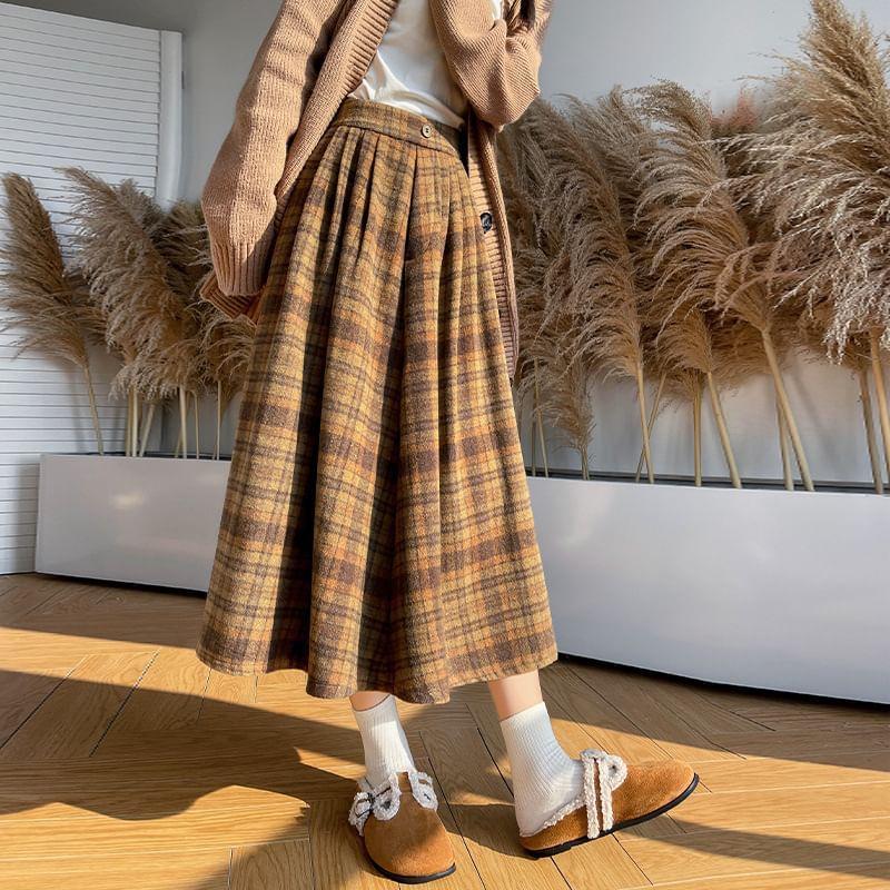 High Rise Plaid Midi A-Line Skirt Product Image