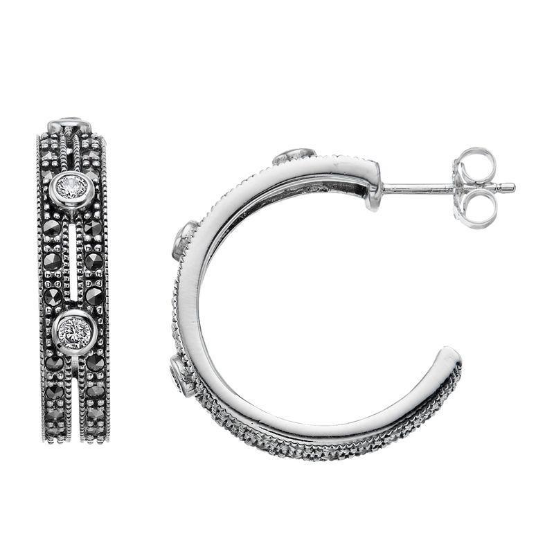 Lavish by TJM Sterling Silver Cubic Zirconia and Marcasite Semi-Hoop Earrings, Womens Product Image