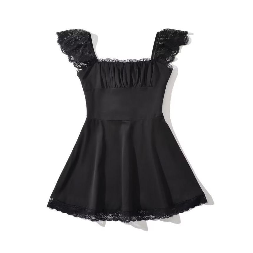 Cap Sleeve Square Neck Plain Ruched Panel Lace Mini A-Line Dress Product Image