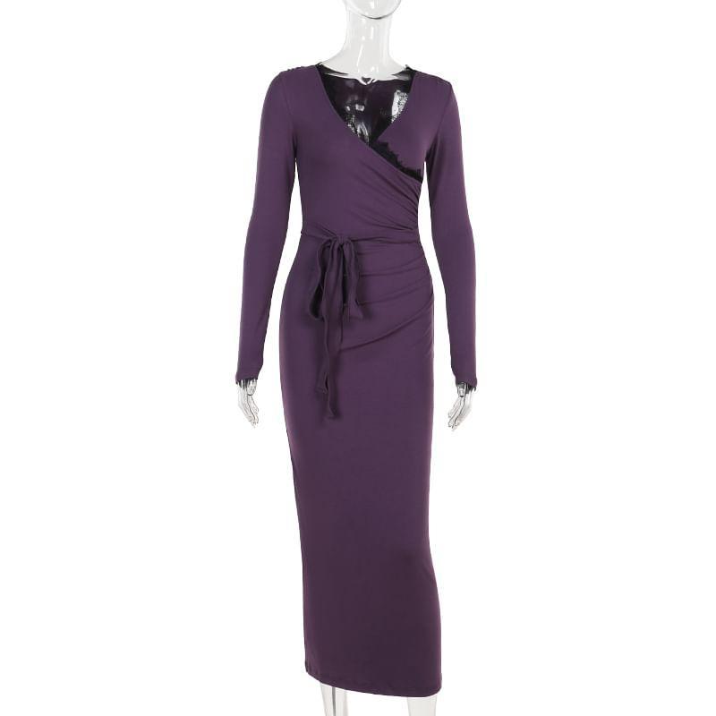 Long Sleeve V-Neck Lace Trim Maxi Sheath Wrap Dress Product Image