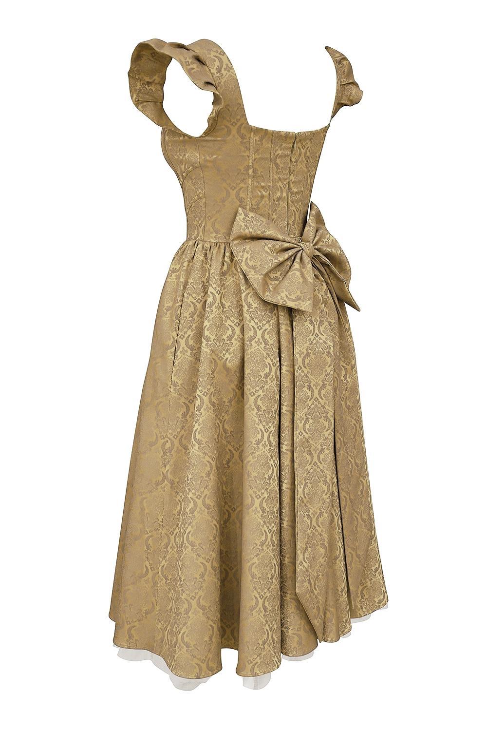 Alessandra Gold Jacquard Midi Dress with Detachable Bow Product Image