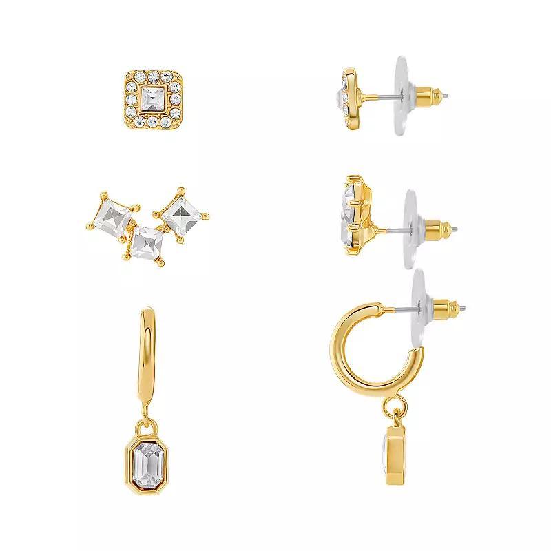 Emberly Gold Tone Crystal Square Stud Earrings, Triple Crystal Stud Earrings, & Crystal Drop C-Hoop Earrings Trio Set, Womens, Yellow Product Image