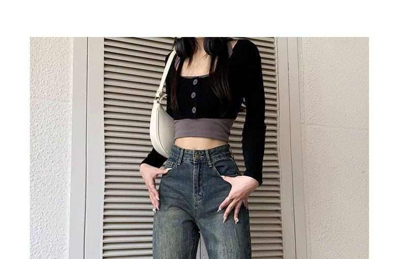 High Waist Washed Straight-Fit Boot-Cut Jeans Product Image