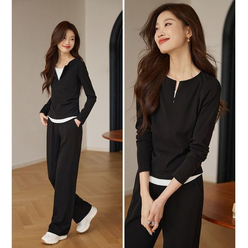 Set: Long-Sleeve Stand Collar Plain Zip Top + Mid Rise Plain Wide Leg Pants Product Image