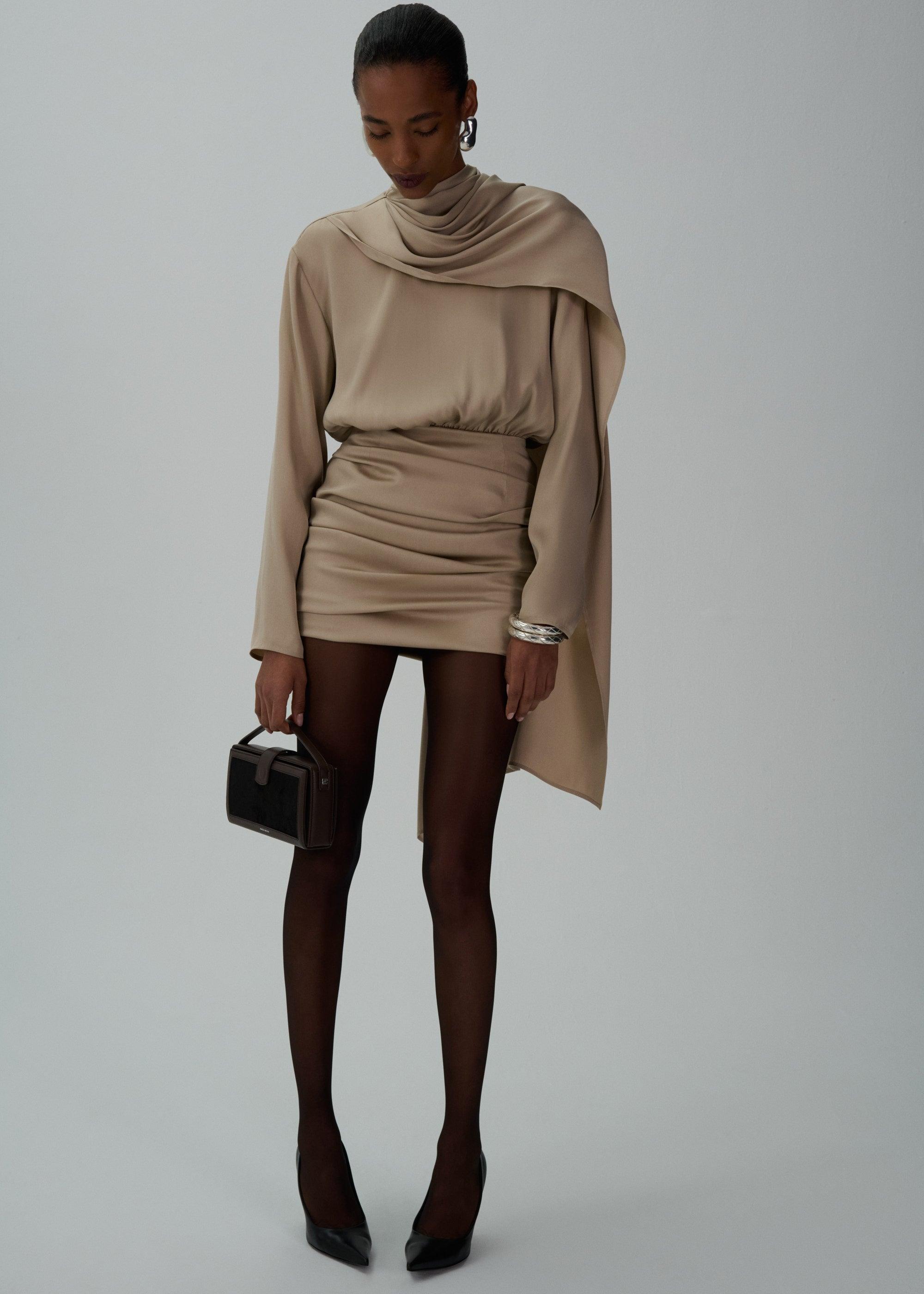 Long-sleeve cape-effect dress in beige Product Image