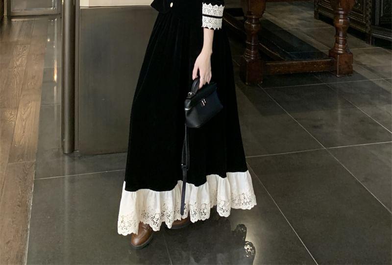 Long-Sleeve Ruffle Collar Two Tone Lace Panel Button-Up Velvet Crop Blouse / High Waist Maxi A-Line Skirt / Belt / Set Product Image